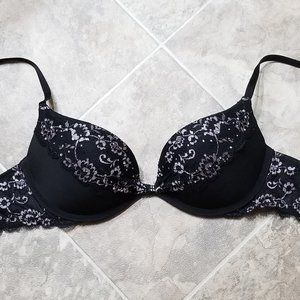 Victoria's Secret push up bra, black and pink w/ rhinestones, size 32c